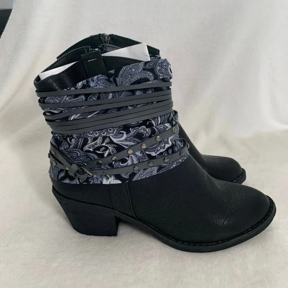 NEW Nature Breeze Ankle Boots Women 11 Black Paisley Studded Strappy‎ Block Heel